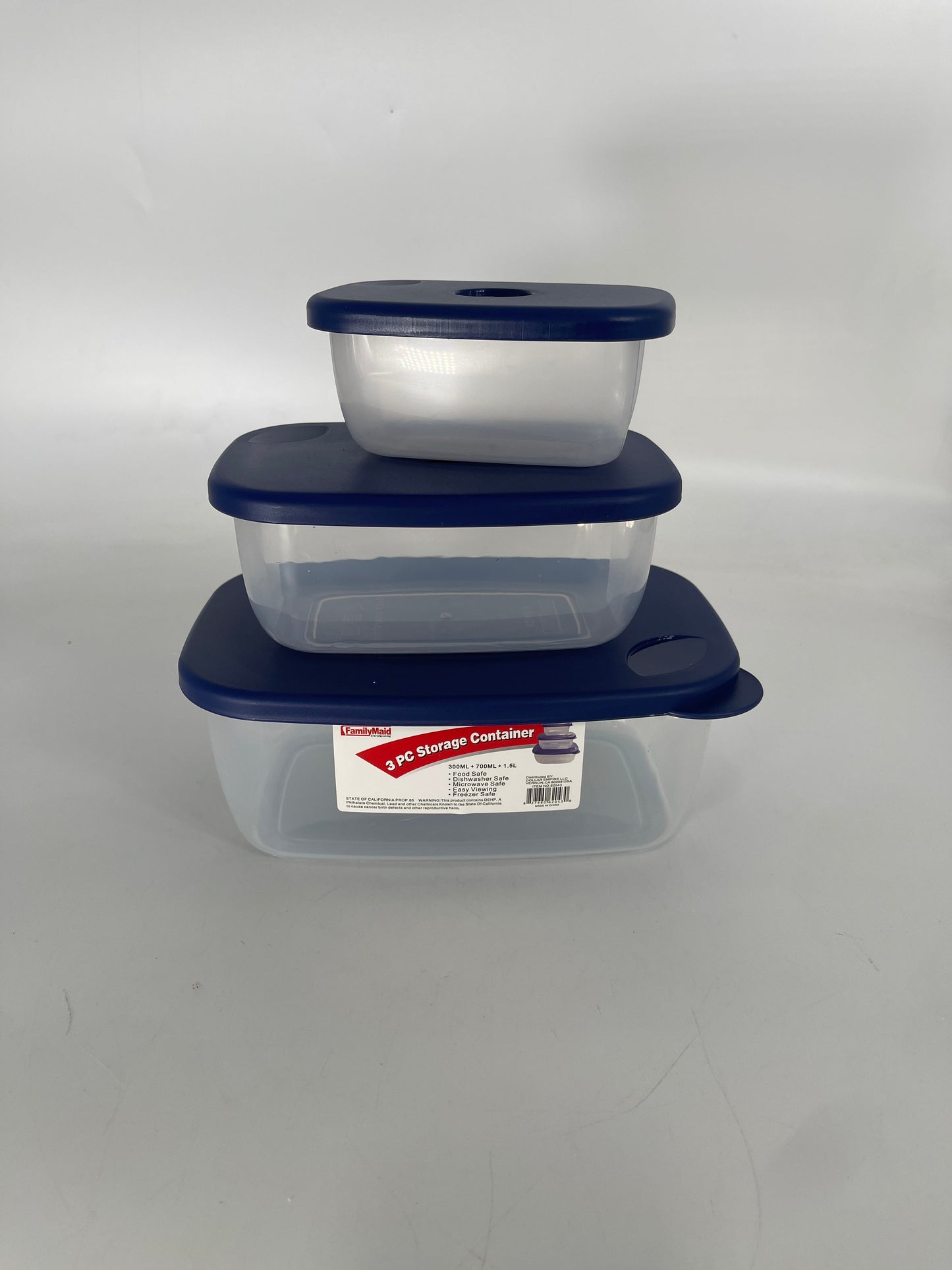 62043 PLASTIC CONTAINER 3PCS/SET RECTANGULAR. BLUE LIDS (48PCS)