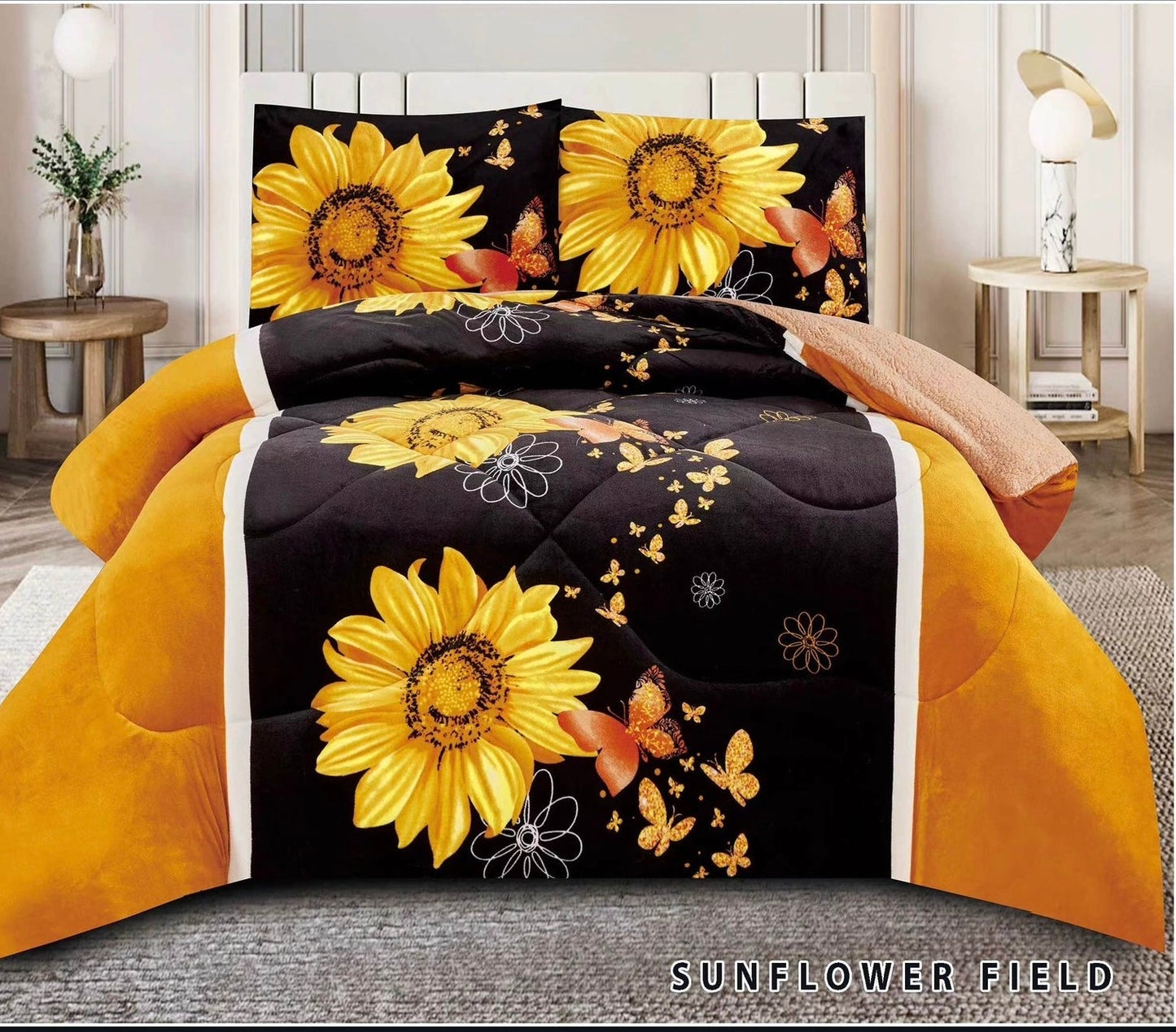 4515K PRINTED BORREGO BLANKET KING SIZE - SUNFLOWER FIELD (7pcs)