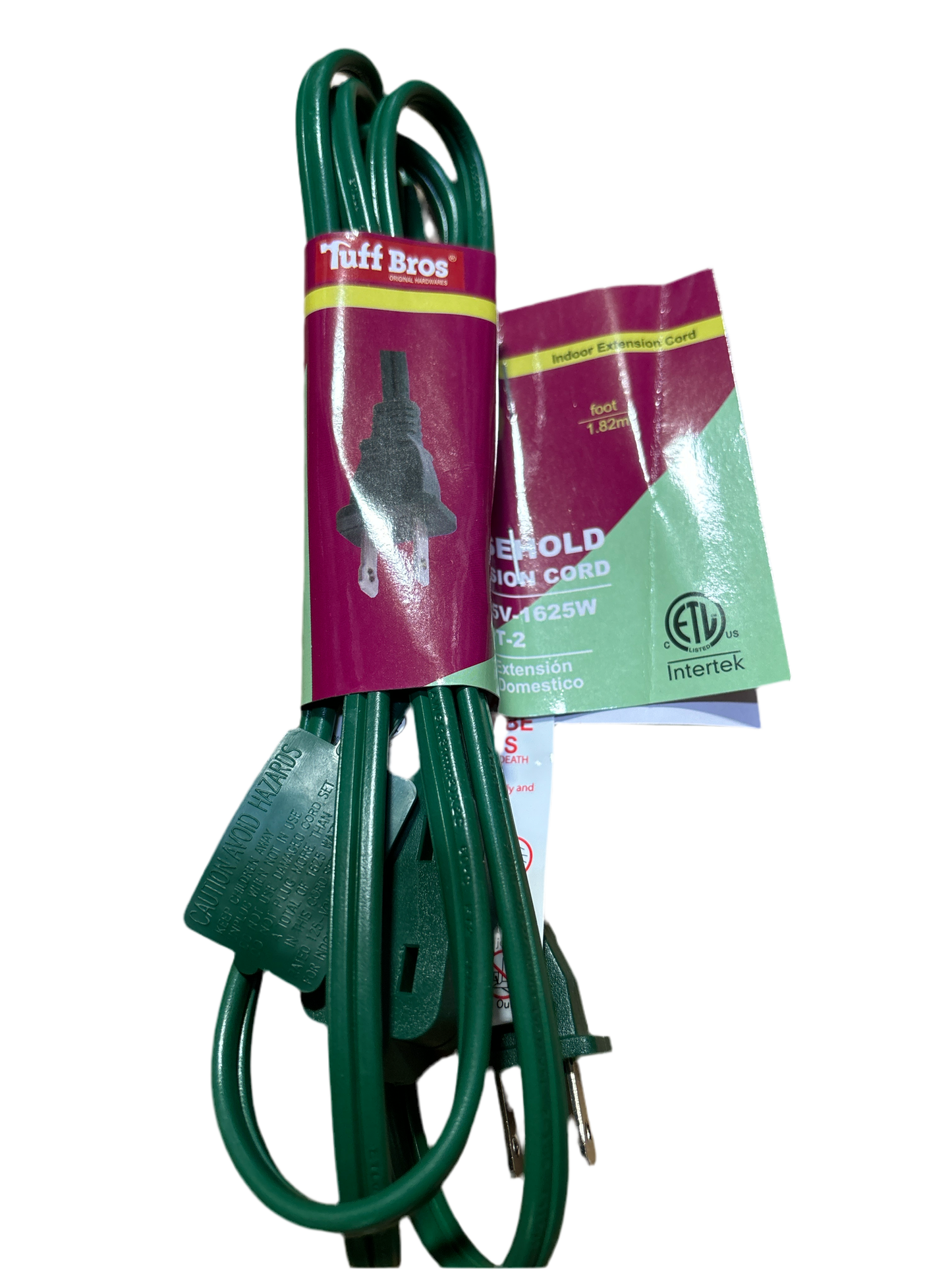 33607 HOUSEHOLD EXTENSION CORD GREEN COLOR, 6 FEET, ETL QUALIFIED, 25PCS/INNER BOX, 50PCS/CARTON (SELLBY25INNER)