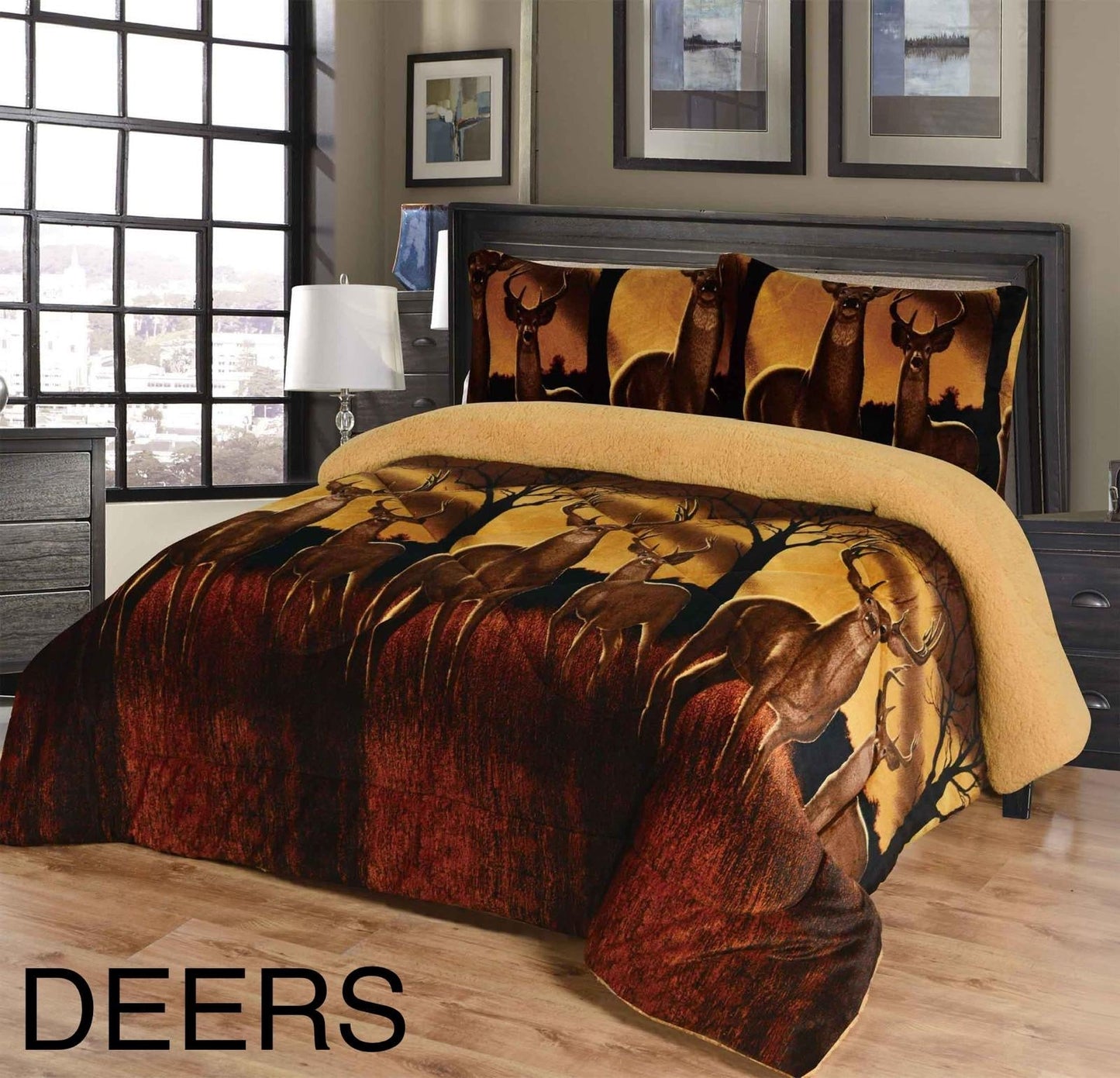 4515Q PRINTED BORREGO BLANKET QUEEN SIZE -DEER (7pcs)