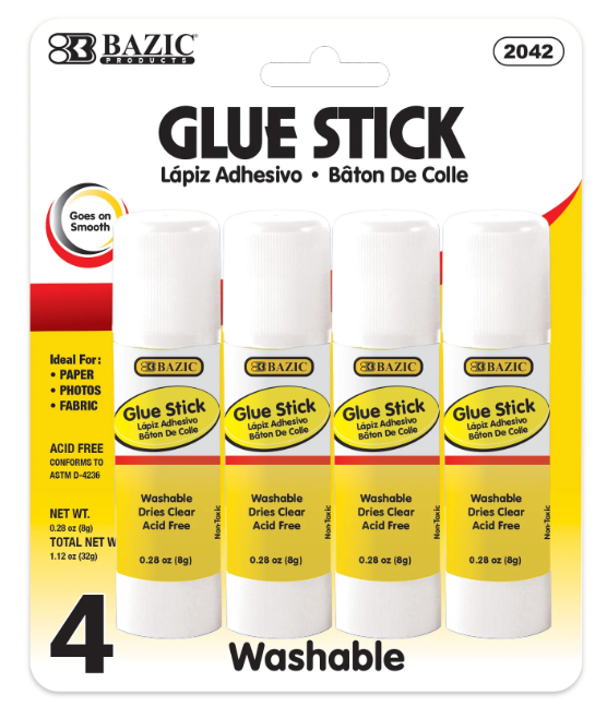 2042 BAZIC 0.28 oz (8g) Glue Stick 4/Pack (24/PK)