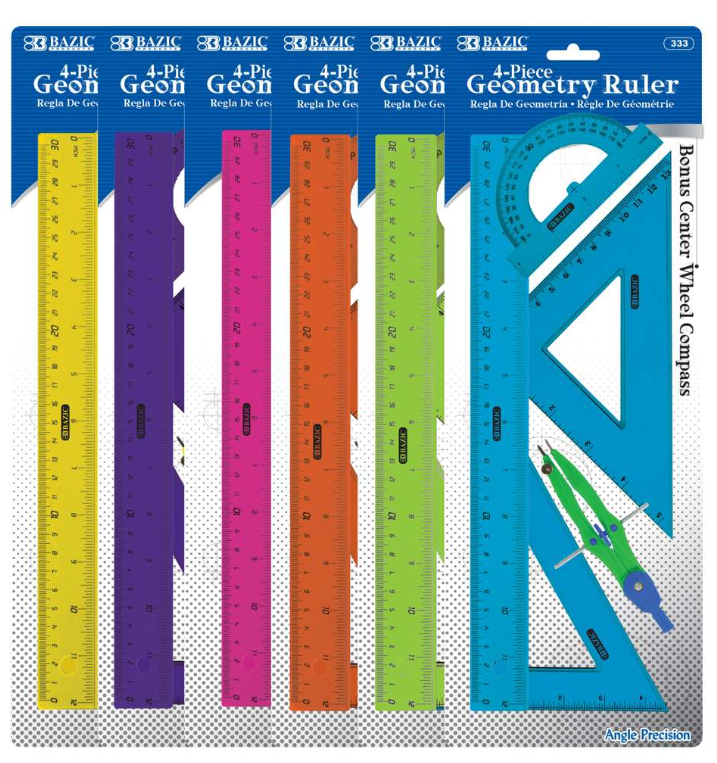 333 BAZIC 4-Piece Geometry Ruler Combination Sets w/ Center Wheel Compass (24 PK)