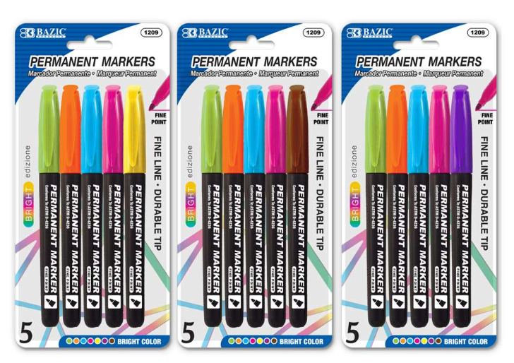 1209 BAZIC Bright Colors Fine Tip Permanent Markers w/ Pocket Clip (5/Pack) (24 PK)
