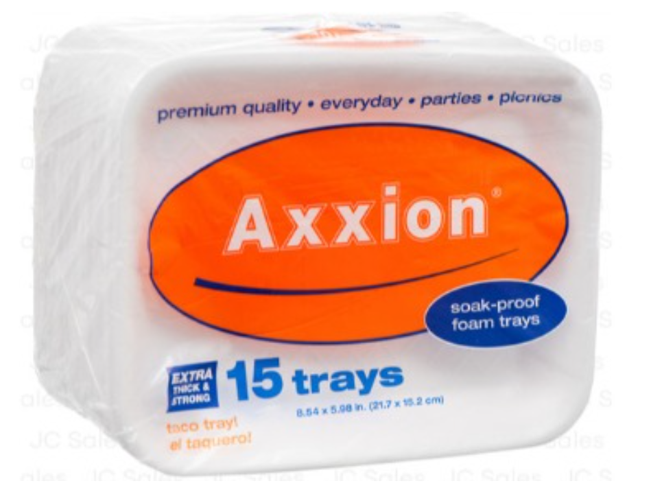 200501 AXXION FOAM PLATE TRAY 8.54X5.98" WHITE 15CT TAQUERO (32/PK)