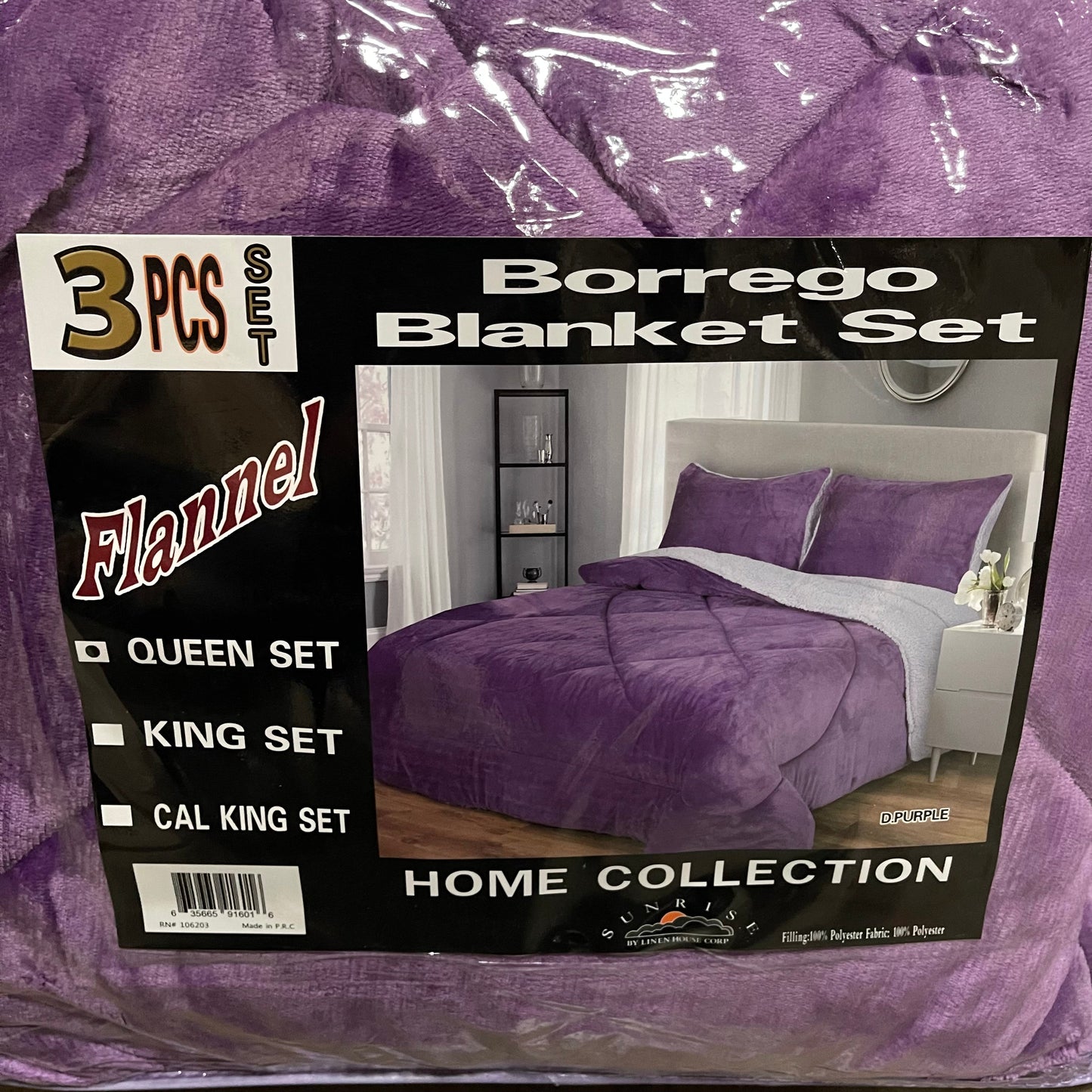4510Q-PUR LINEN HOUSE SOLID BORREGO BLANKET QUEEN - PURPLE (7/CS)