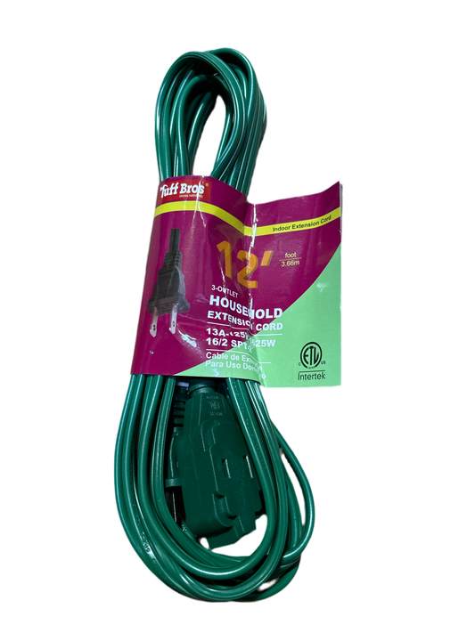 33608 HOUSEHOLD EXTENSION CORD GREEN COLOR, 12 FEET, ETL QUALIFIED, 25PCS/INNER BOX, 50PCS/CARTON (SELLBY25INNER)