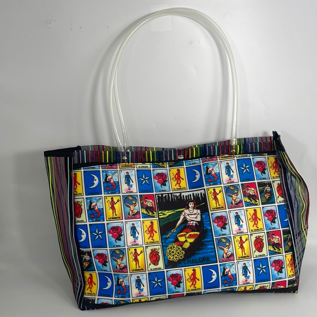 BA1692 Bag Lotería Design Platic Shopper (12pcs) (10dz/ct) (black-red-blue-pink)