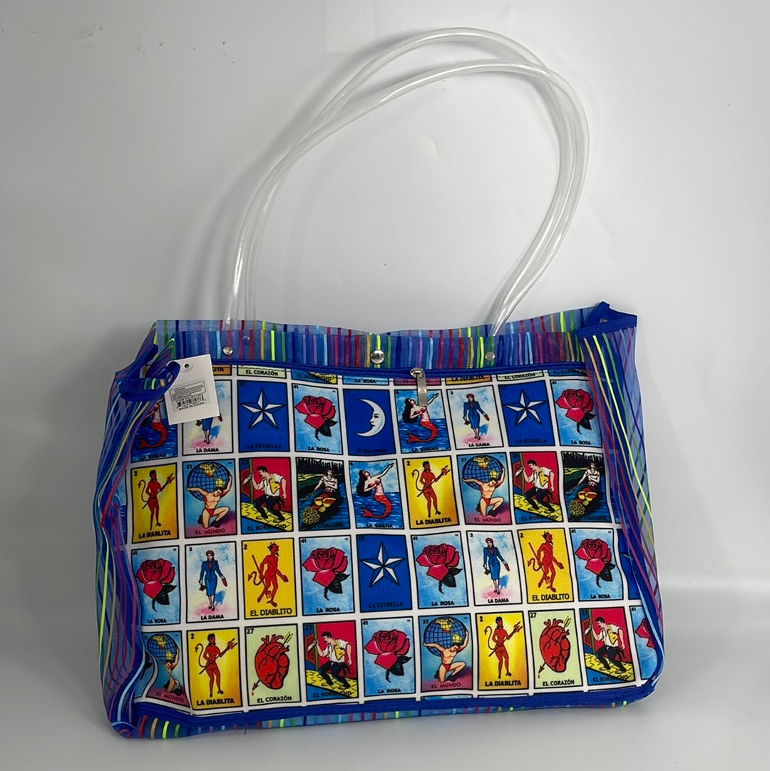 BA1562 Bag Lotería Design Platic Shopper (12pcs) (10dz/ct) (blue-red-pink-black)