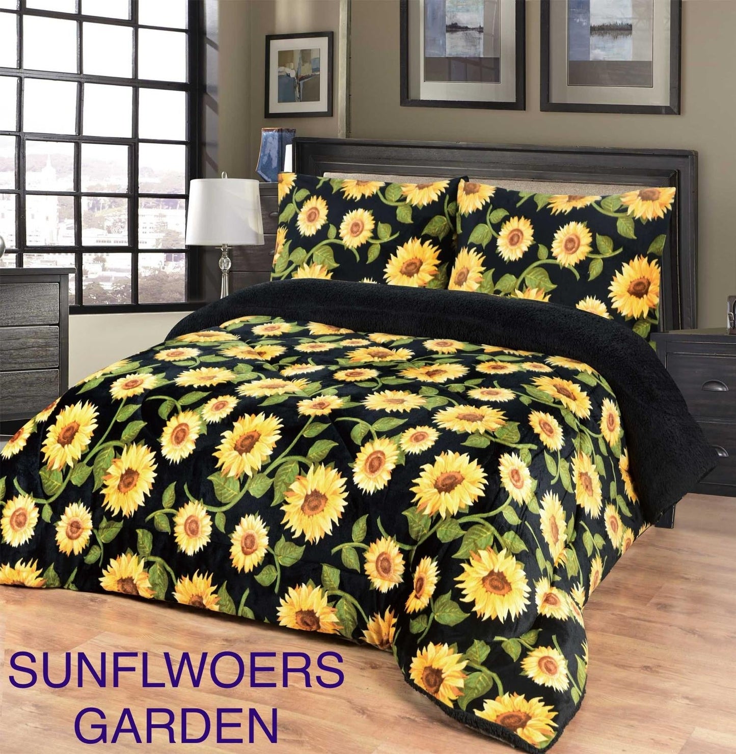 4515K  PRINTED  BORREGO BLANKET KING  SIZE -SUNFLOWER GARDEN (7pcs)