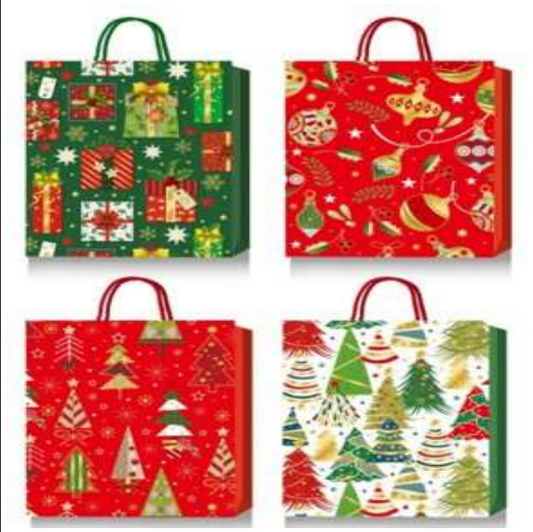 61664 XMAS GIFT BAG 4 DESIGNS HOT STAMP  7 X 9 X 4 (12)