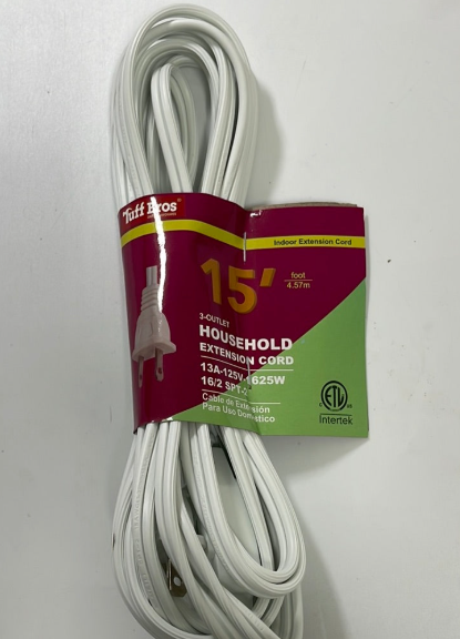 33605 HOUSEHOLD EXTENSION CORD WHITE COLOR, 15 FEET (25/PK)