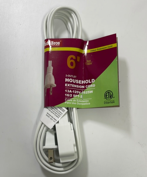 33602 HOUSEHOLD EXTENSION CORD 6 FEET WHITE (25/PK)