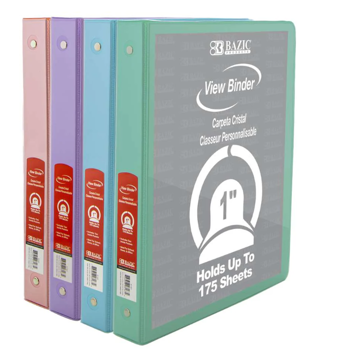 3167 BAZIC 1" Asst. Pastel Color 3-Ring View Binder w/ 2-Pockets (24/CS)