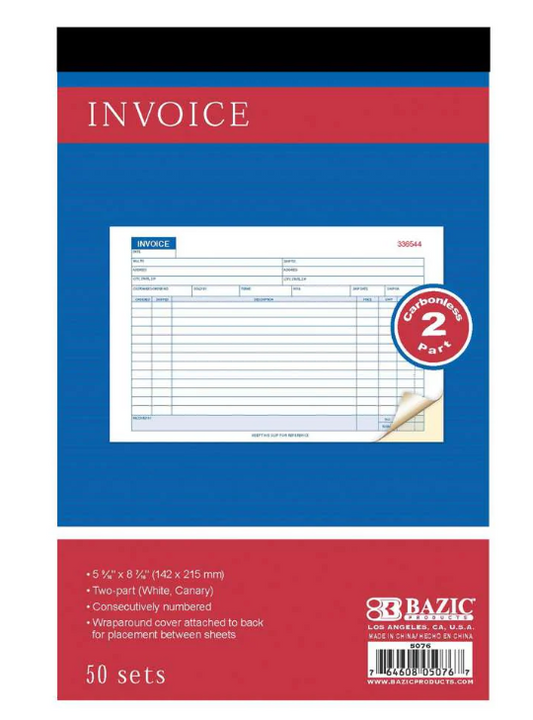 5076 BAZIC 50 Sets 5 9/16" x 8 7/16" 2-Part Carbonless Invoice Book (24/PK)