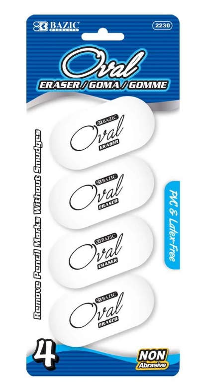 2230 BAZIC White Oval Eraser (4/Pack) (24 PK)