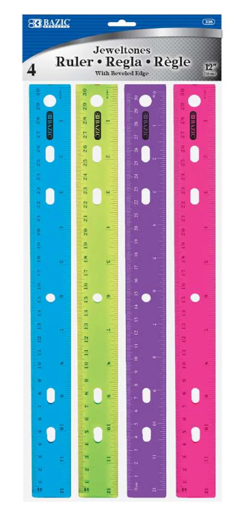 336 BAZIC 12" (30cm) Jeweltones Color Ruler (4/Pack) (24	PK)