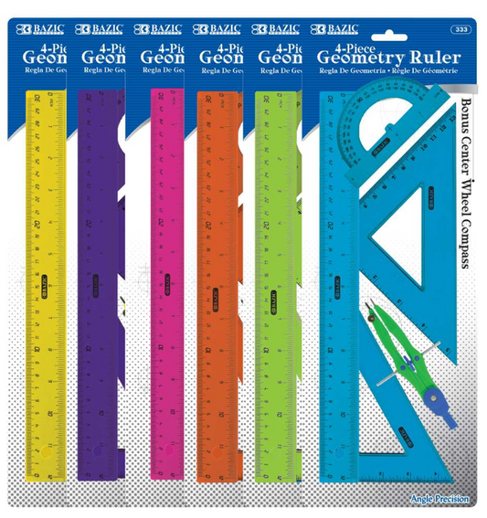 333 BAZIC 4-Piece Geometry Ruler Combination Sets w/ Center Wheel Compass (24 PK)