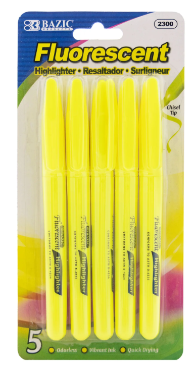 2300 BAZIC Yellow Pen Style Fluorescent Highlighters w/ Pocket Clip (5/Pack) (24	PK)