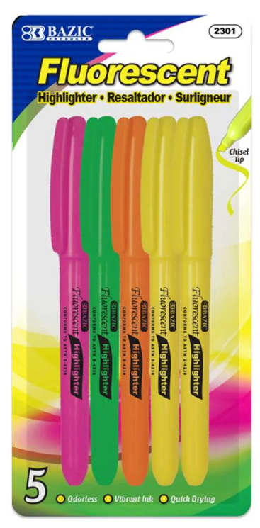 2301 BAZIC Pen Style Fluorescent Highlighters w/ Pocket Clip (5/Pack) (24 PK)
