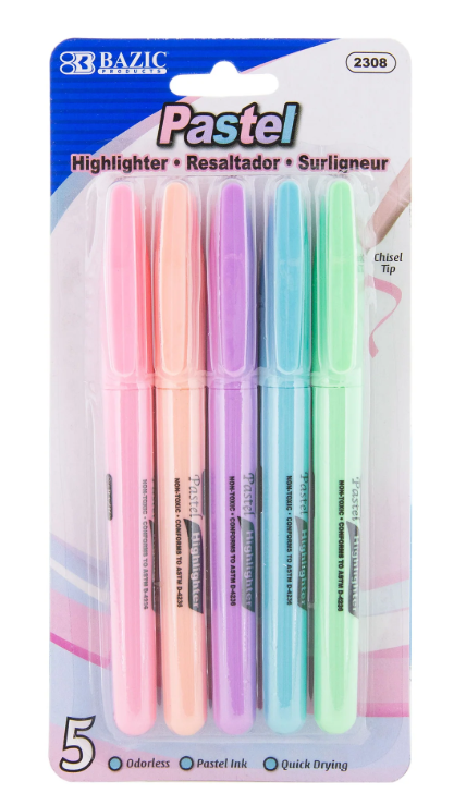 2308 BAZIC Pen Style Pastel Highlighters w/ Pocket Clip (5/Pack) (24 PK)