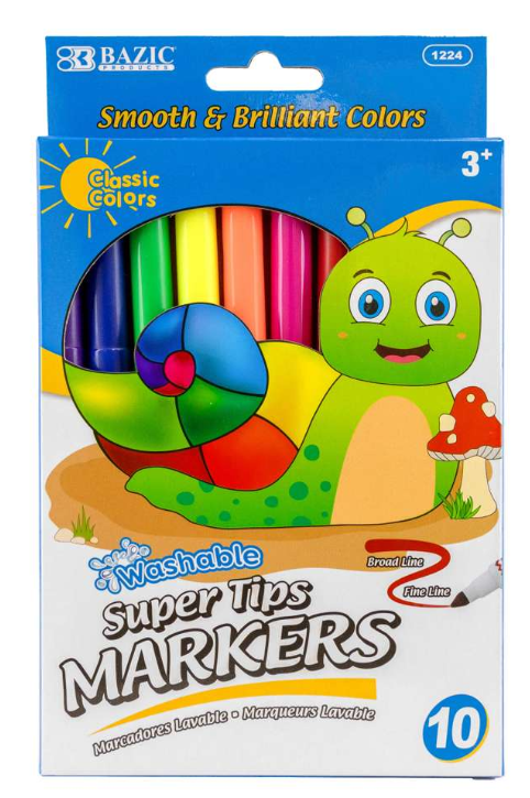 1224 BAZIC 10 Colors Super Tip Washable Markers (24	PK)