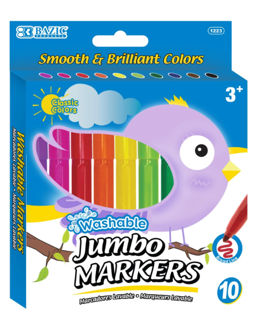 1223 BAZIC 10 Classic Colors Broad Line Jumbo Washable Markers (24 PK)