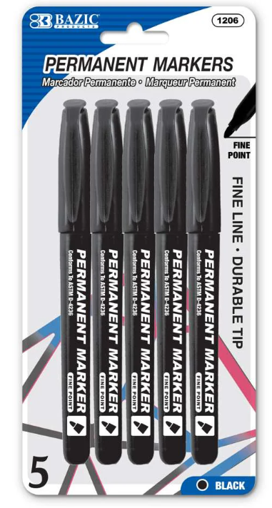 1206 BAZIC Black Fine Tip Permanent Markers w/ Pocket Clip (5/Pack) (24 PK)