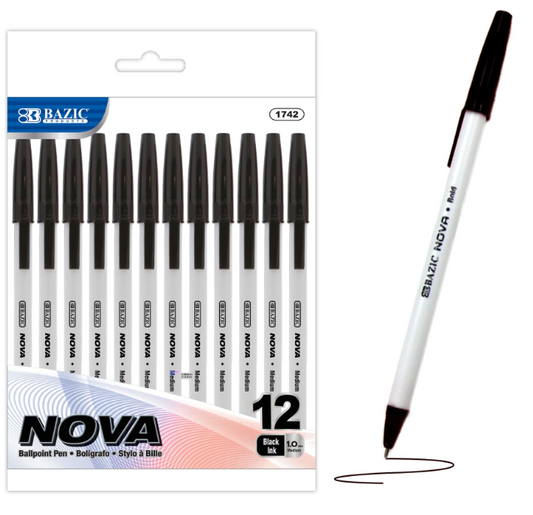 1742 BAZIC Nova Black Color Stick Pen (12/Pack) (24 PK)