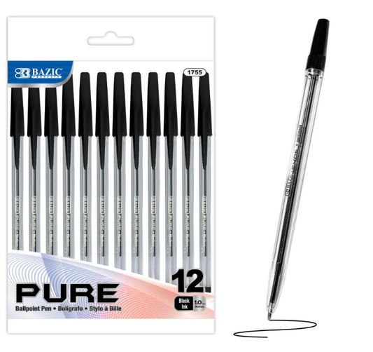 1755 BAZIC Pure Black Stick Pen (12/Pack) (24 PK)