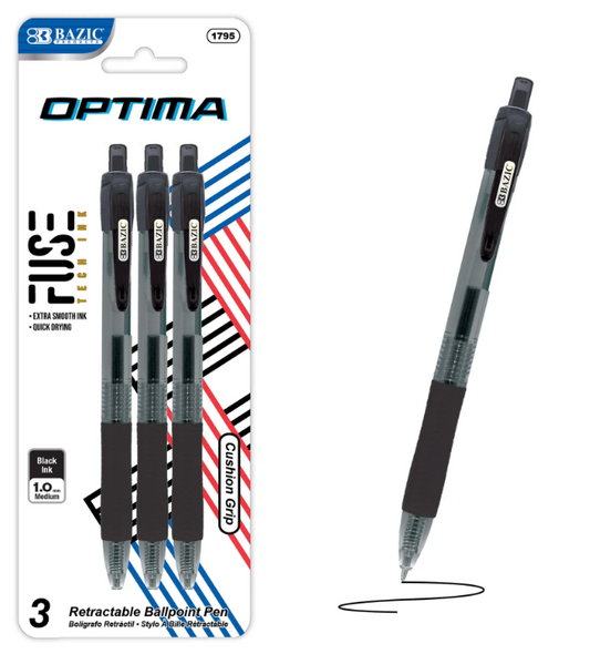 1795 BAZIC Optima Black FUSE Tech Ink Retractable Pen w/ Grip (3/Pack) (24	PK)