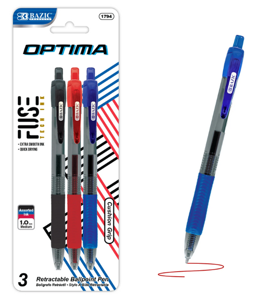1794 BAZIC Optima Assorted Color FUSE Tech Ink Retractable Pen w/ Grip (3/Pack) (24/PK)