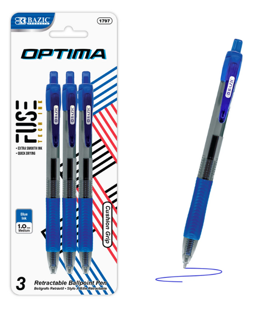 1797 BAZIC Optima Blue FUSE Tech Ink Retractable Pen w/ Grip (3/Pack) (24/PK)