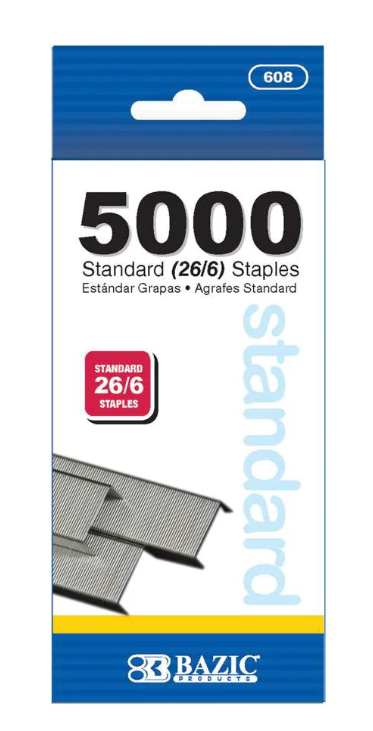 608 BAZIC 5000 Ct. Standard (26/6) Staples (24/PK)