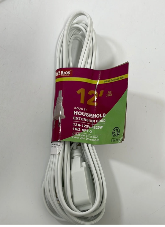 33604 HOUSEHOLD EXTENSION CORD 12 FEET WHITE (25/PK)