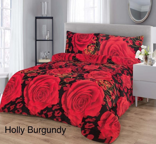 4515Q  PRINTED BORREGO BLANKET QUEEN SIZE  -HOLLY BURGUNDY  (7pcs)