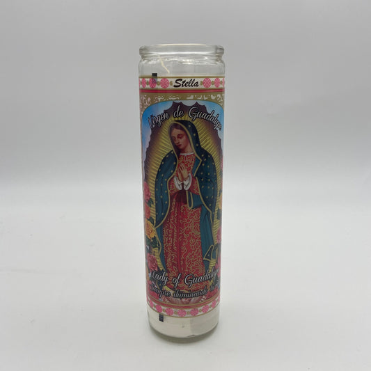 5869CASE Glass Candle Virgen de Guadalupe / Lady of Guadalupe White Wax (12pcs/package)