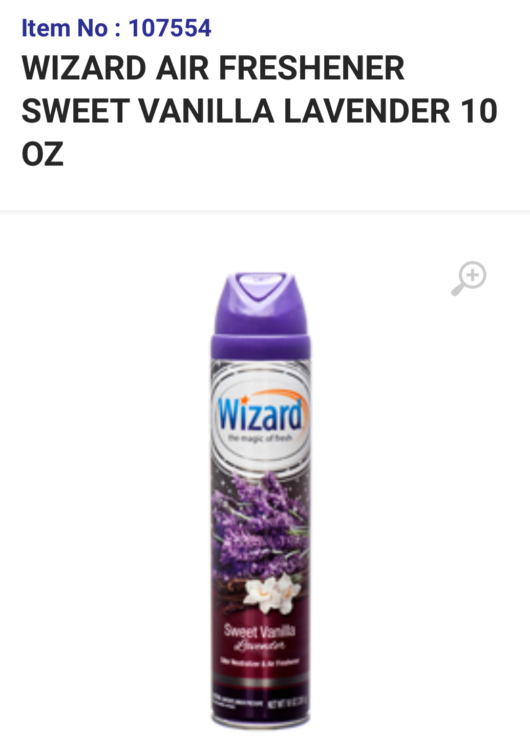 107554 WIZARD AIR FRESHENER SWEET VANILLA LAVENDER 10 OZ (12) CK