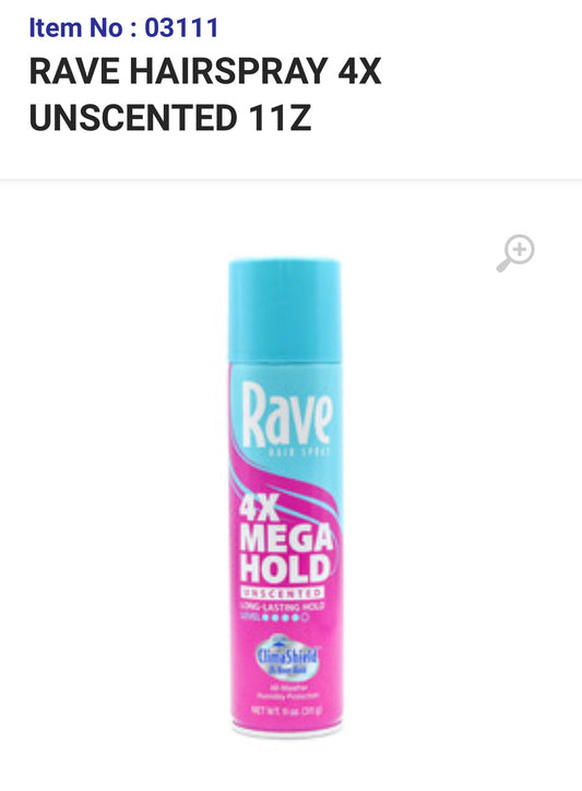 03111 RAVE HAIRSPRAY 4X UNSCENTED 11 OZ (12/PK)